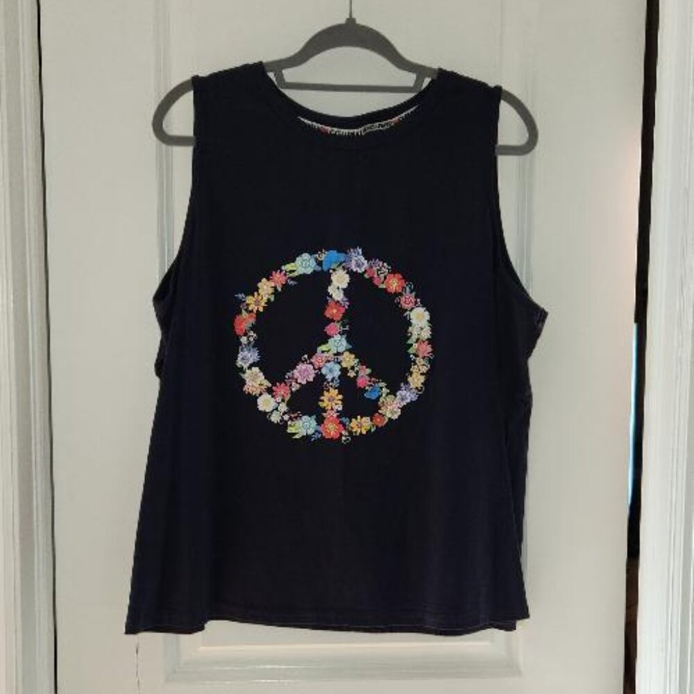 Women's tank top navy blue peace sign made up of flowers